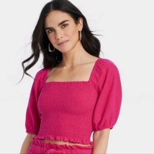 Women's Off Shoulder Puff Elbow Sleeve Blouse - Universal Thread Pink small